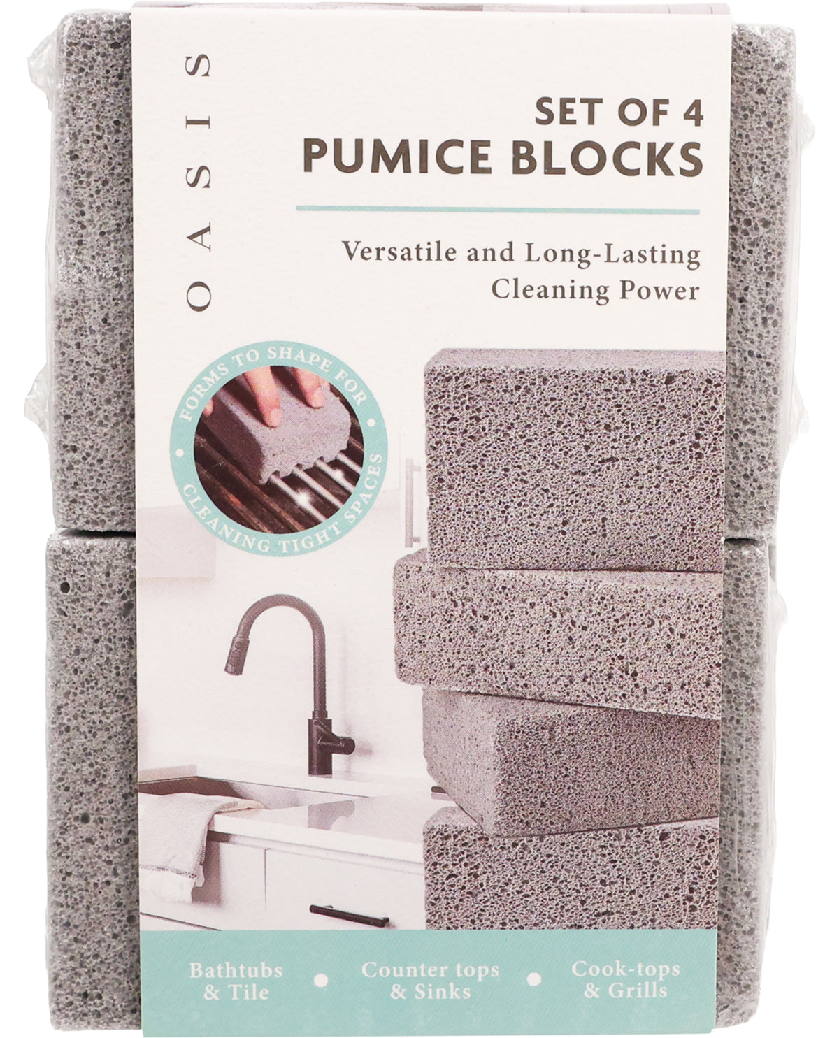 Packaging of Oasis set of 4 pumice blocks with text and images of use.