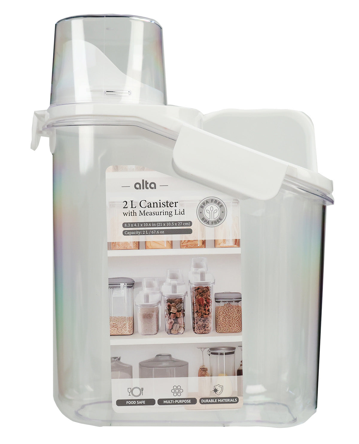A clear plastic 2-liter canister with a white lid and a printed product label on the front, photographed on a plain white background.
