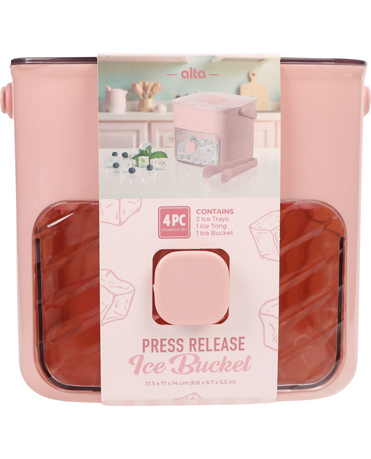 Pink ice bucket with clear lid and packaging displaying product details on a white background