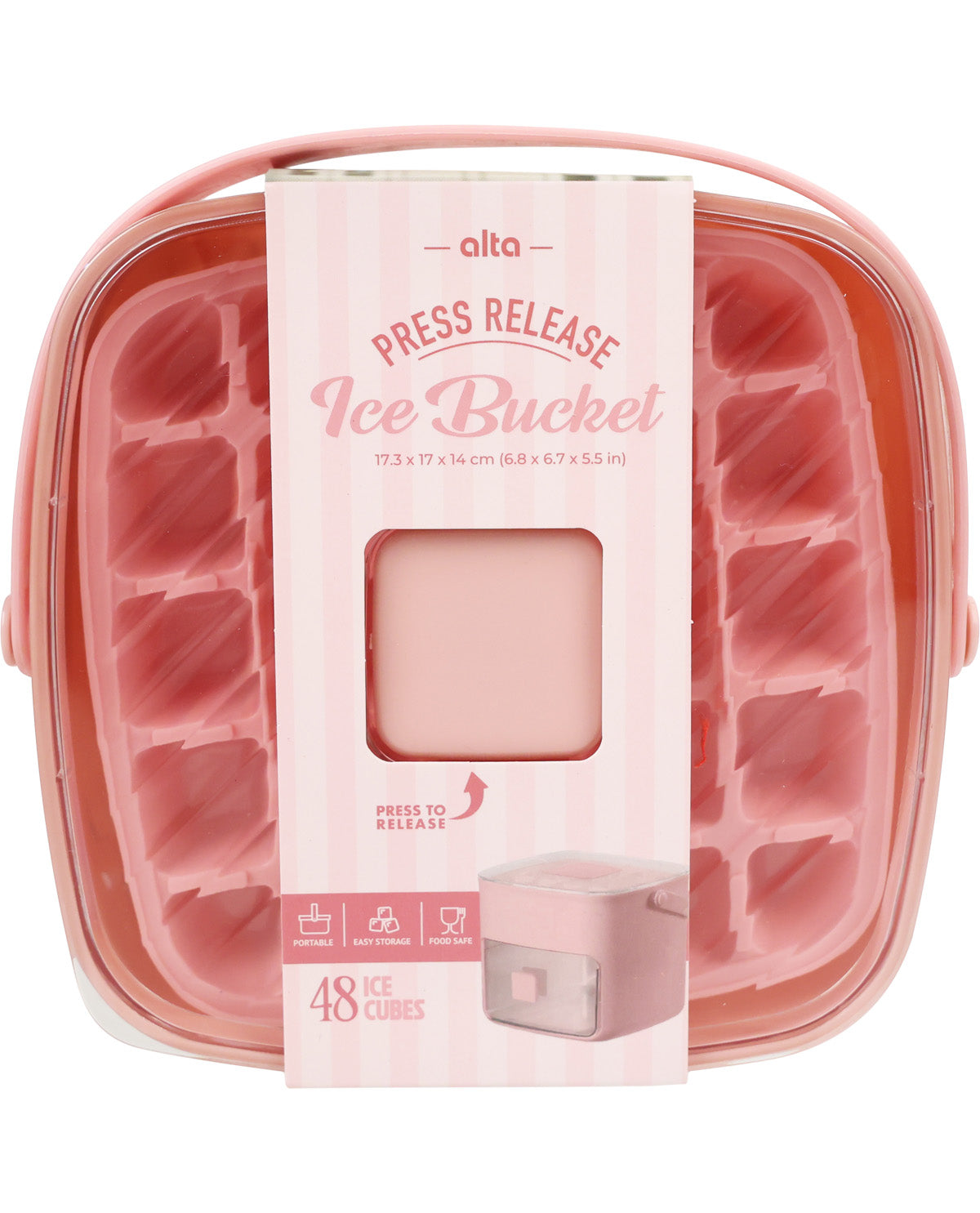 Pink ice cube tray with packaging on a white background