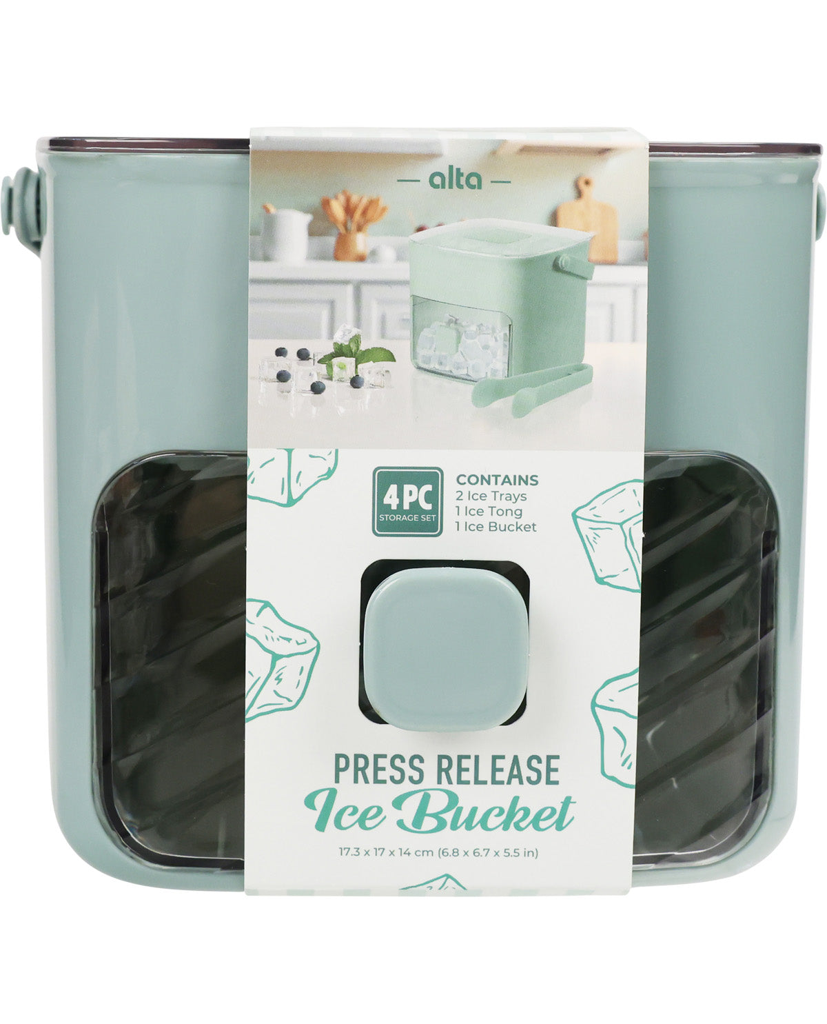 Green ice bucket with packaging displaying product details on a white background