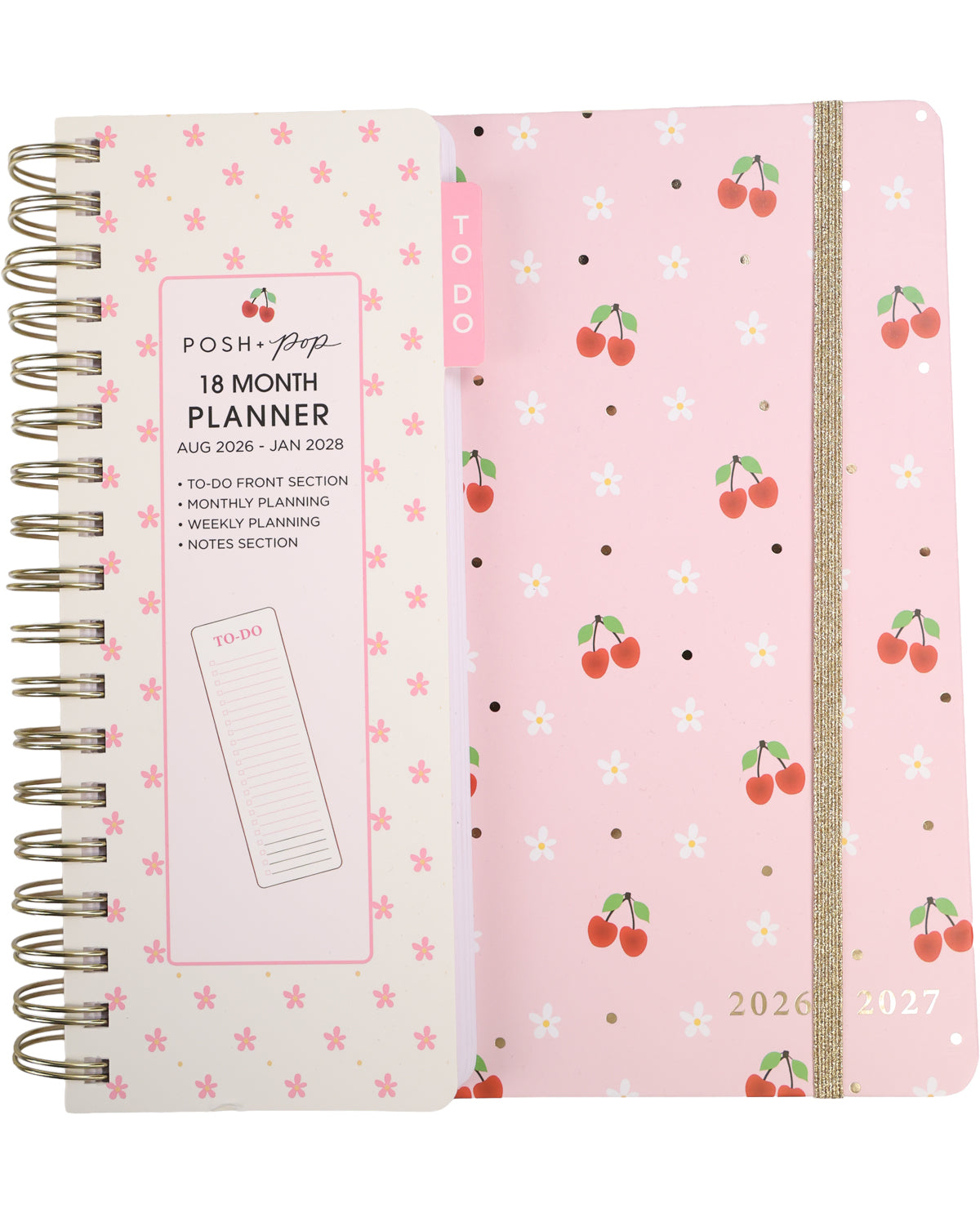 Two planners side by side, one with a floral pattern and the other with cherry design on a pink background.