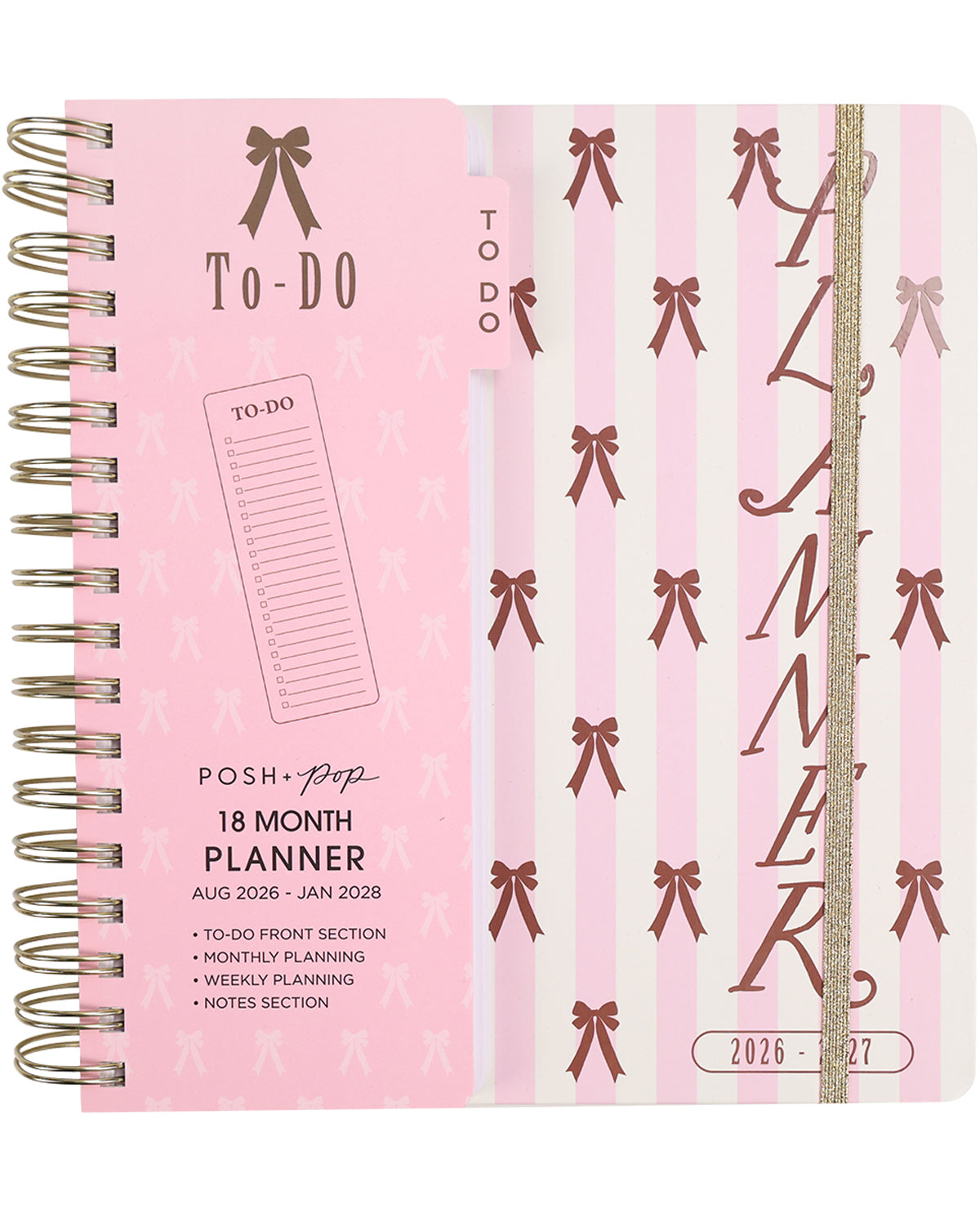 Pink planner with bow patterns and 'To-Do' sections on a white background