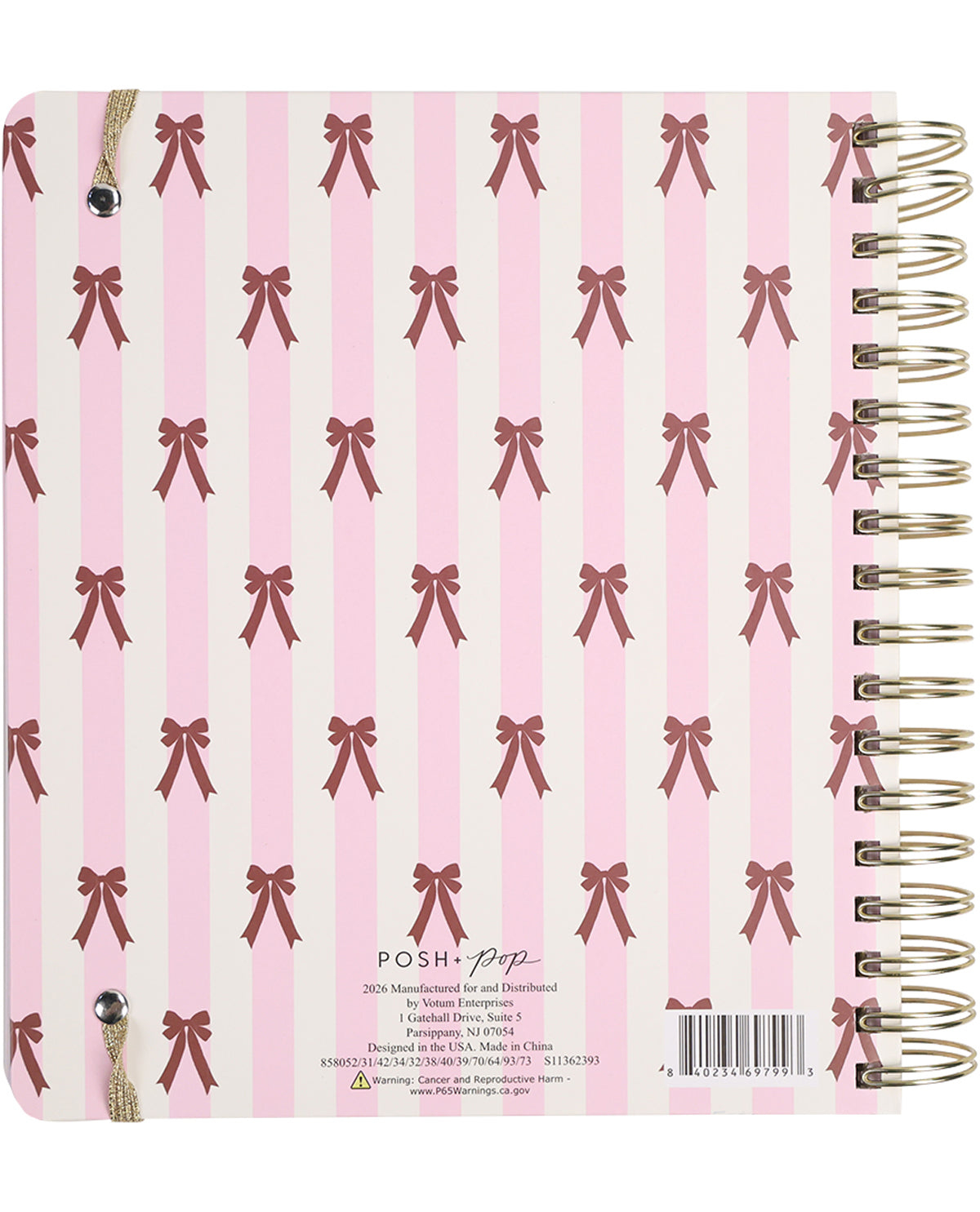 Spiral-bound notebook with pink and white striped cover featuring red bows, brand 'Posh & Co' visible.