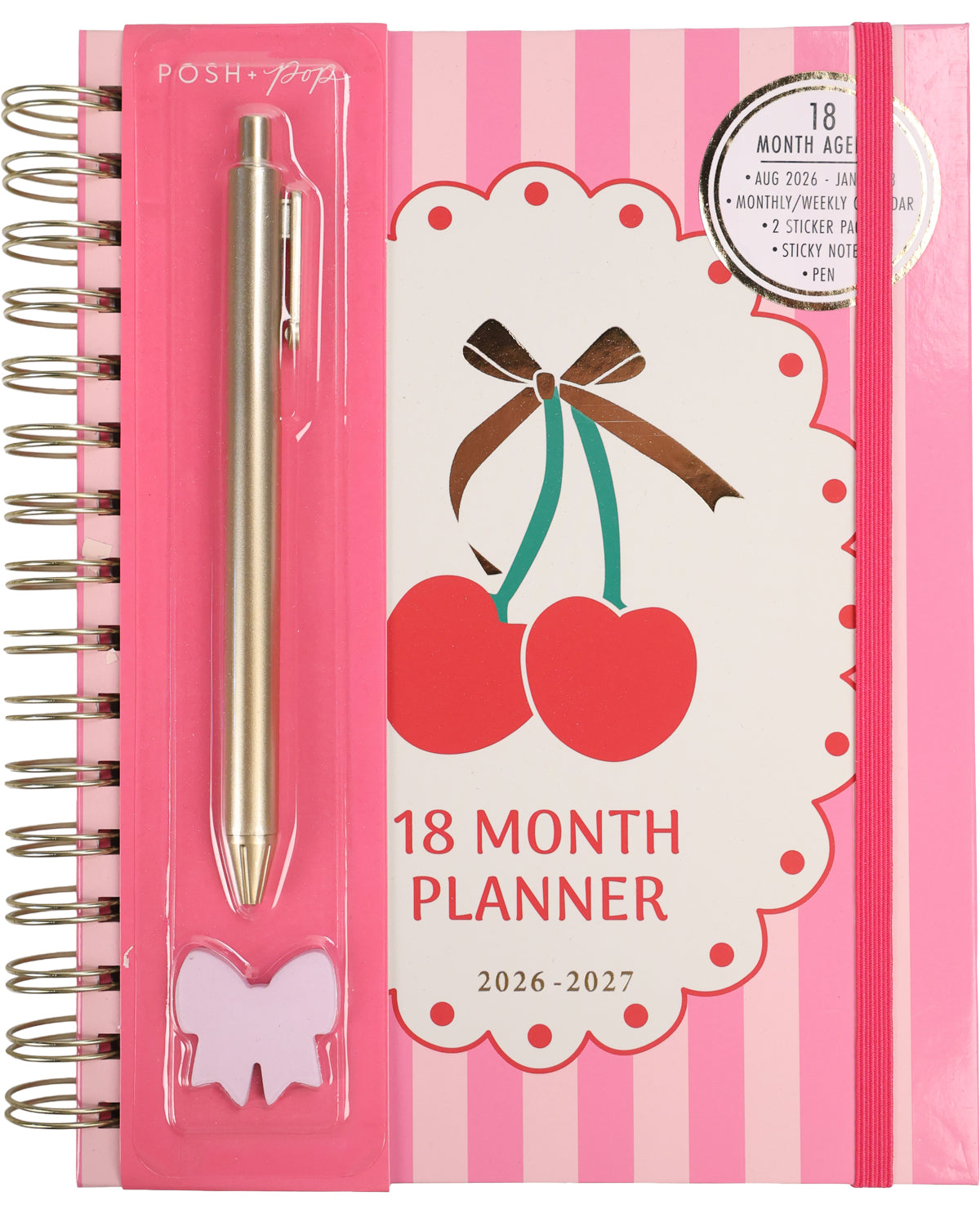 Pink planner with cherry design and pen on a pink background