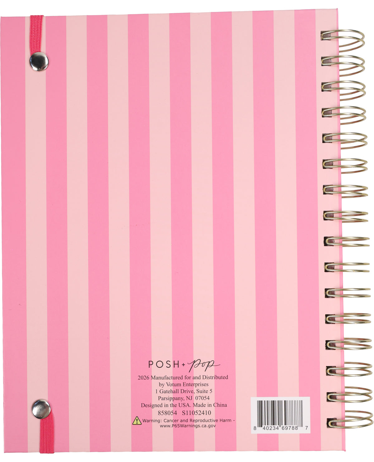 Pink and white striped notebook with spiral binding on a white background