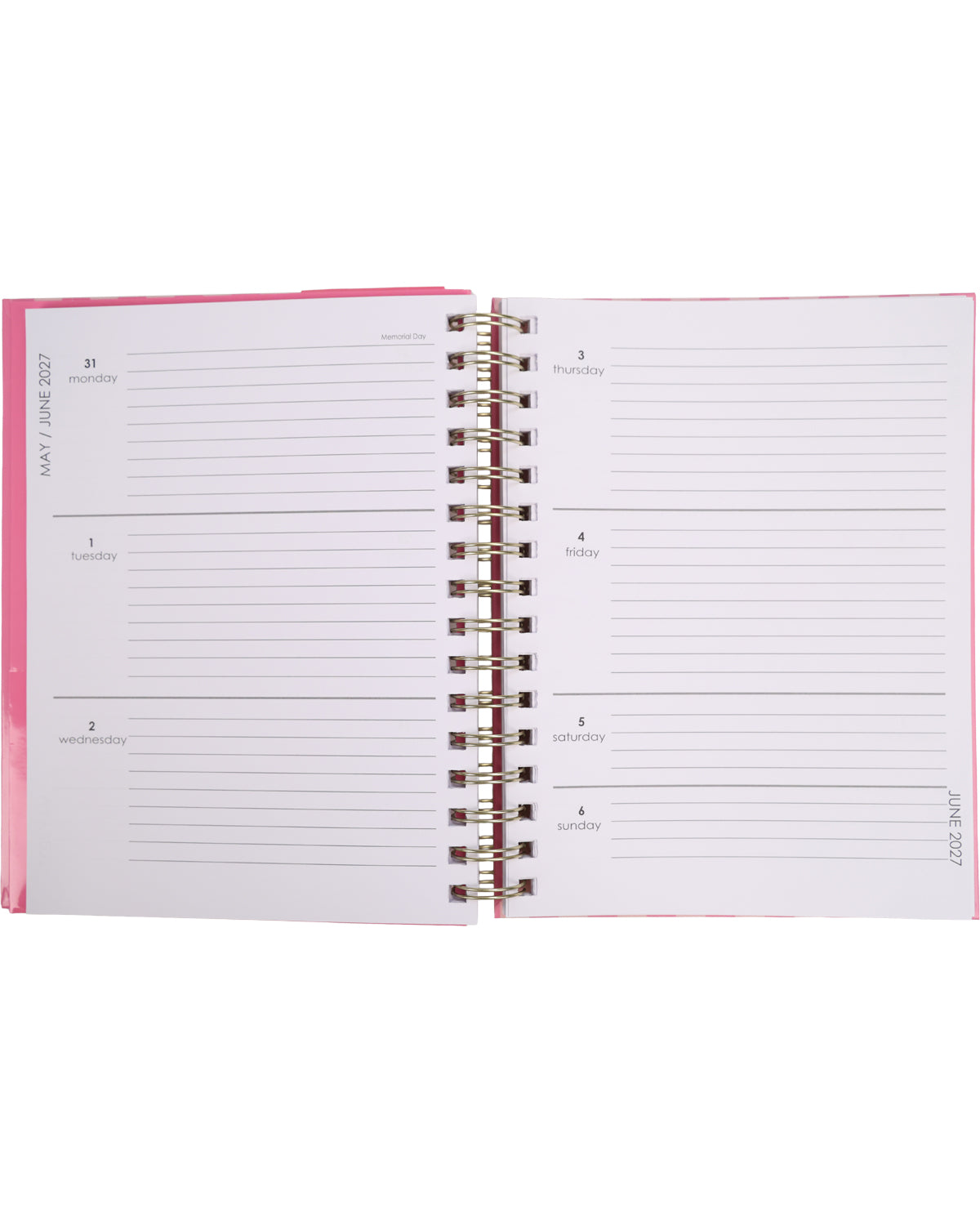 Open planner with pink cover and white pages on a white background