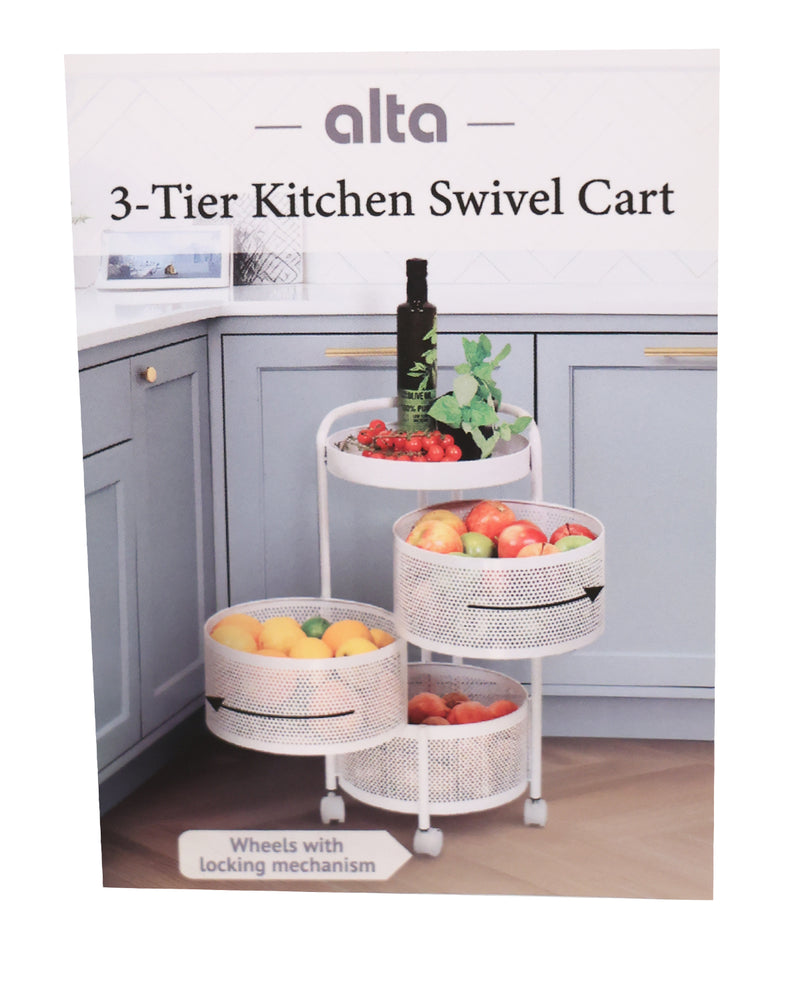3-Tier White Metal Rolling Cart