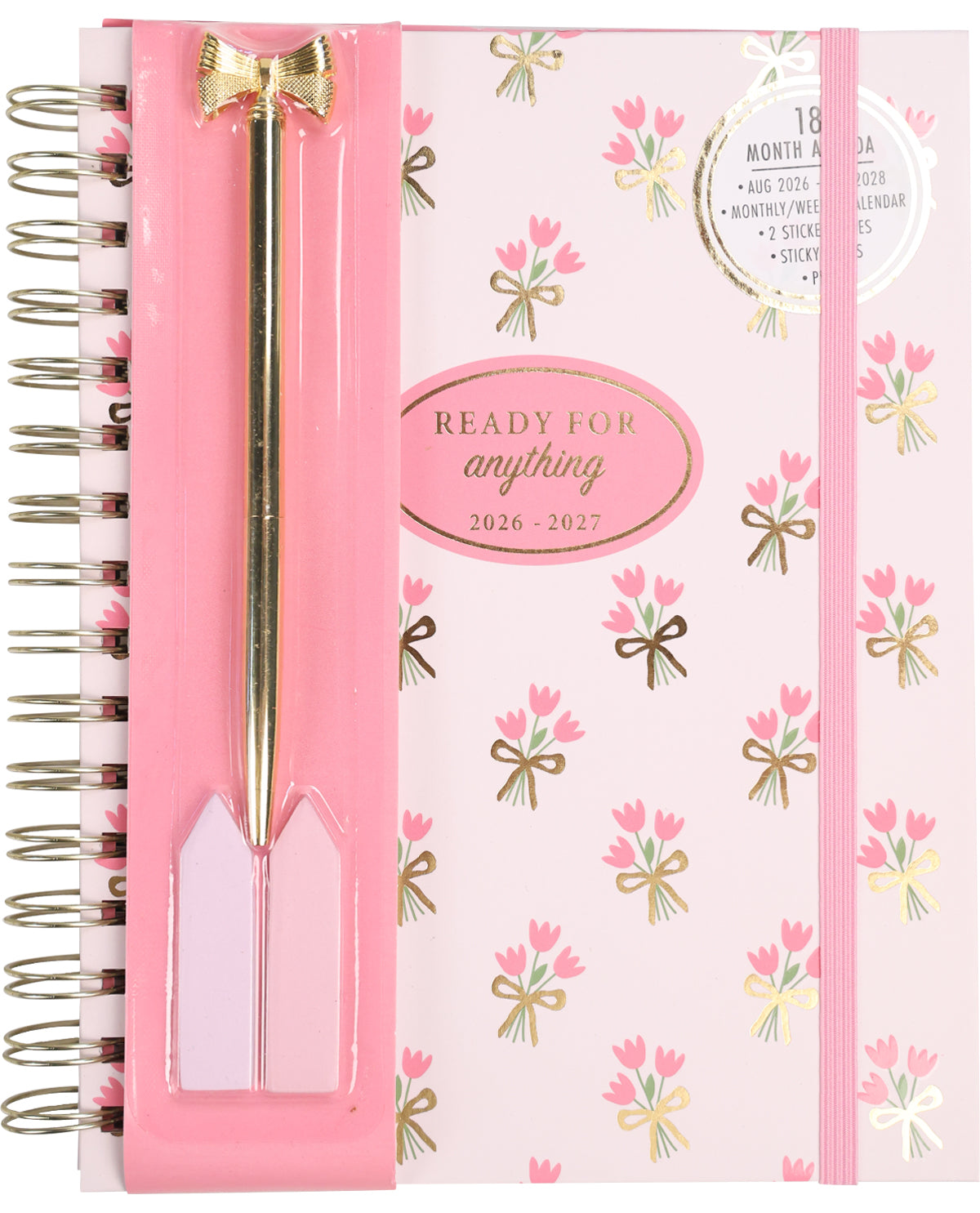 Pink planner with floral and bow pattern on a white background
