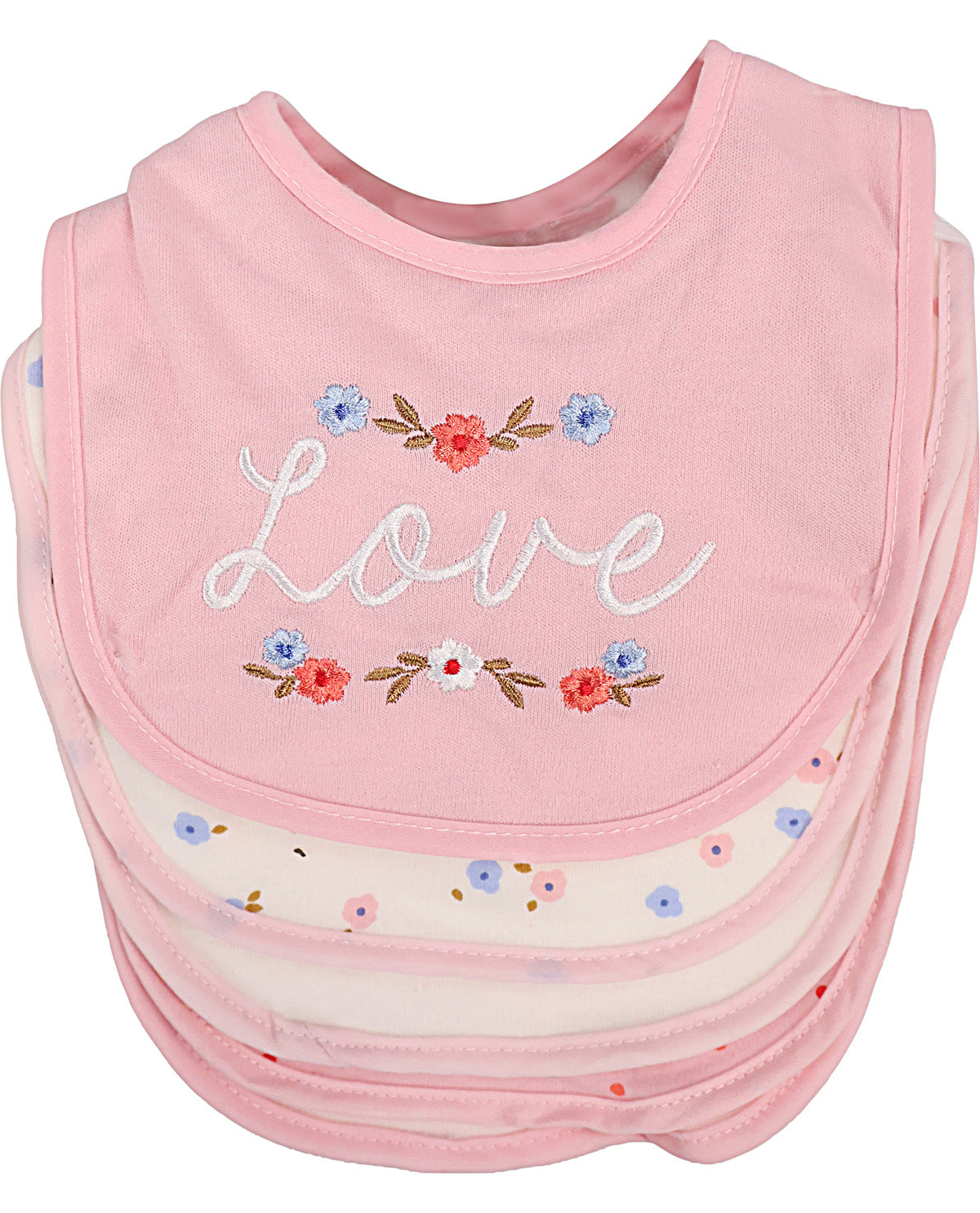 A stack of baby bibs in light pink, with the top bib featuring white embroidered script spelling 'Love' surrounded by small red, blue, and white flowers with green stems.