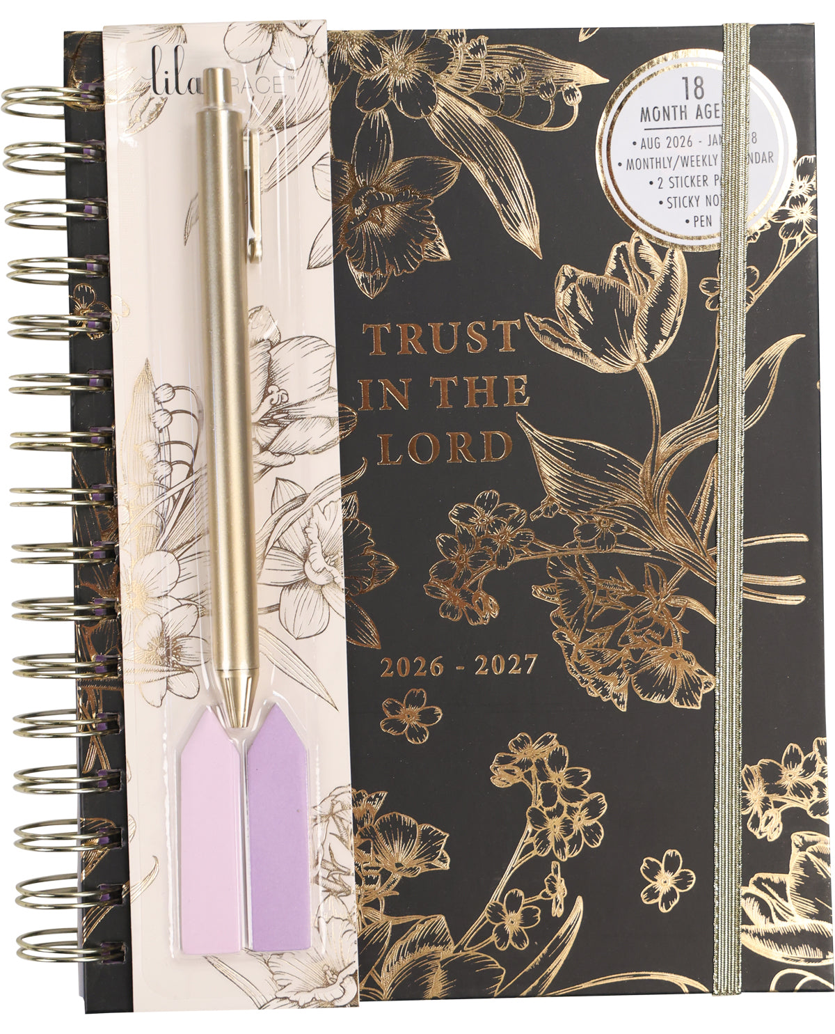 Planner with floral design and 'Trust in the Lord' text, featuring a pen and bookmarks.