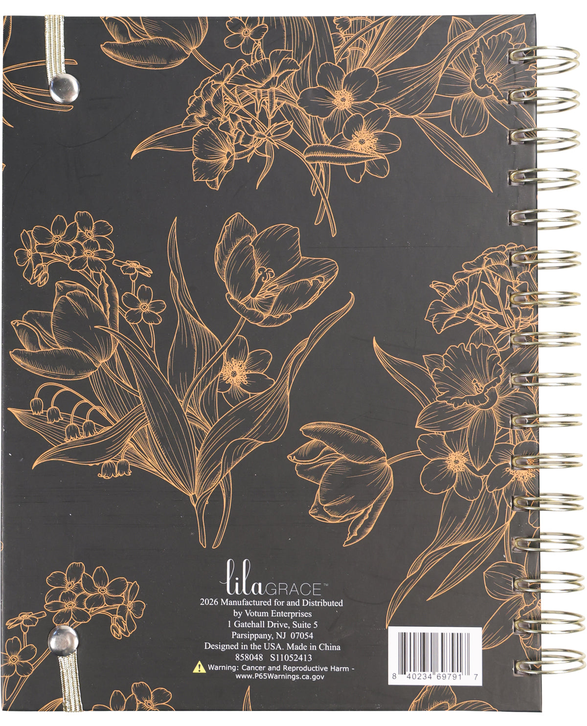 Floral notebook with gold illustrations on a black background