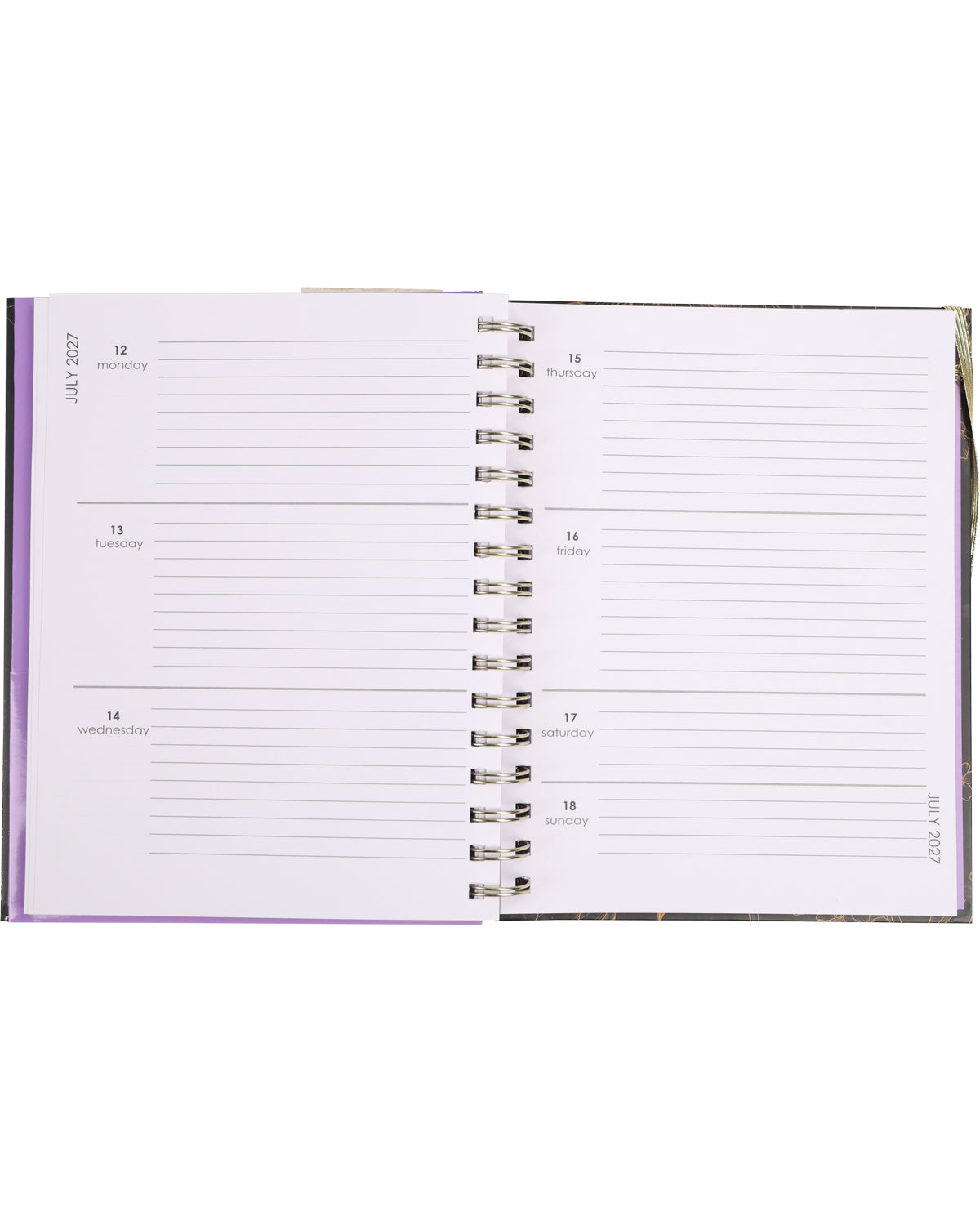 Open planner with a purple cover on a white background