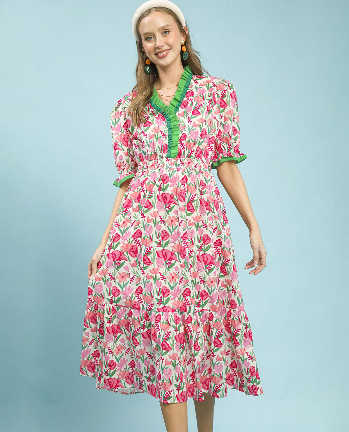 Umgee Floral Ruffle Trim Tiered Dress Pink