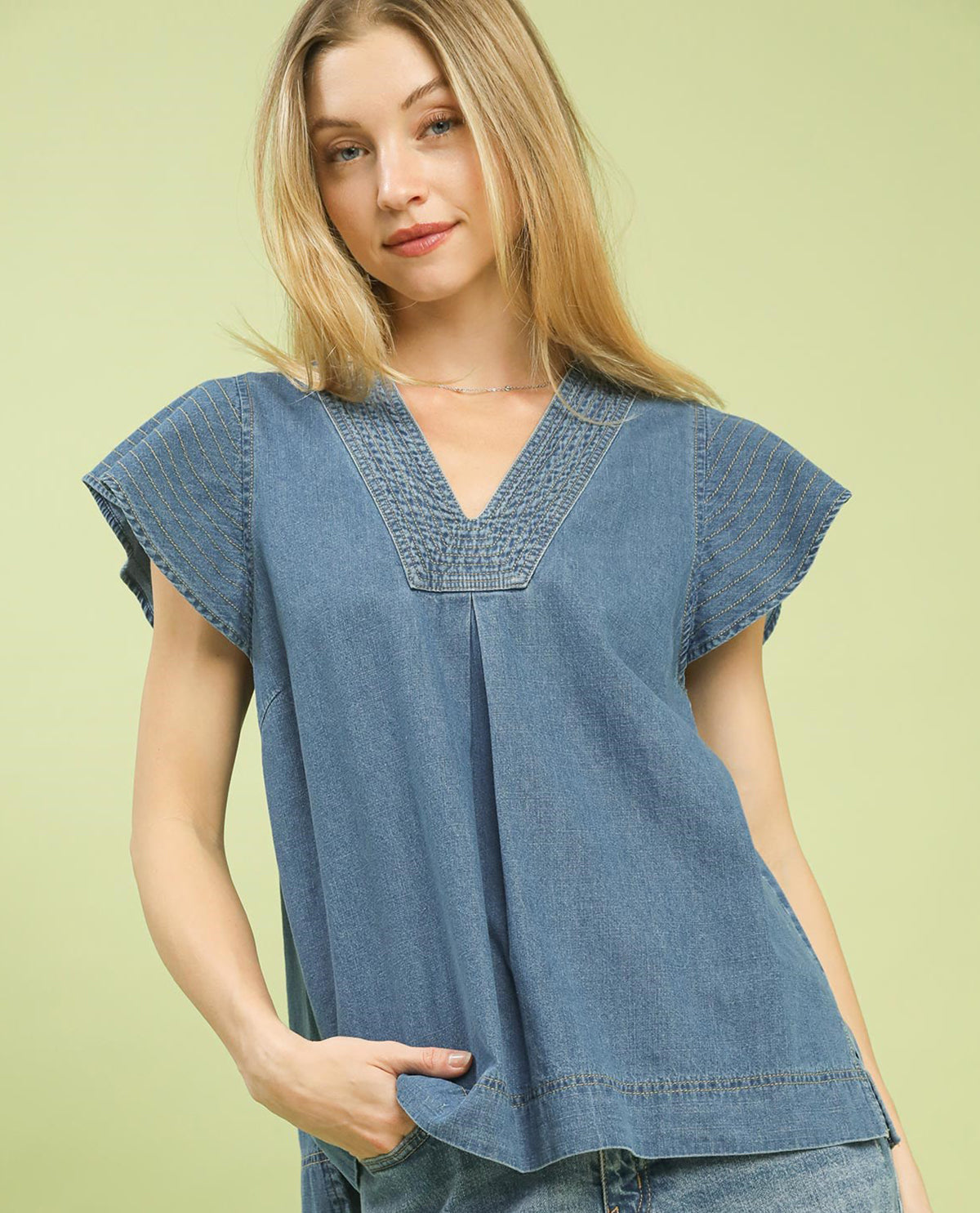 Umgee Solid V-Neck Shirt With Cap Sleeves Denim