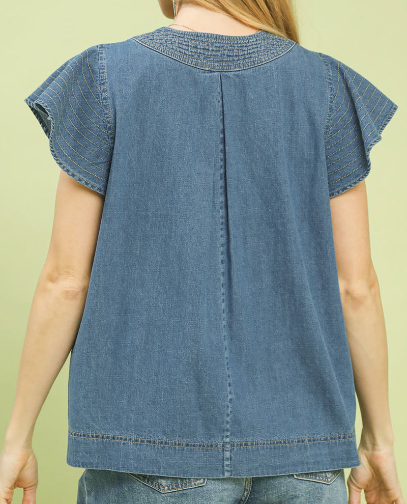Umgee Solid V-Neck Shirt With Cap Sleeves Denim