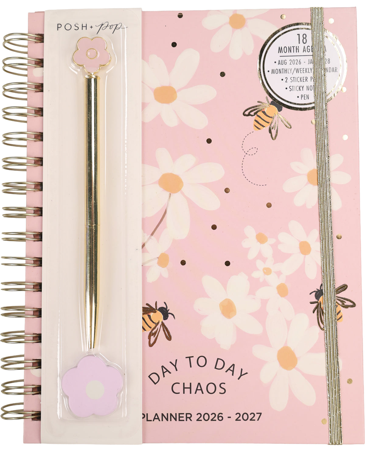 Planner with floral design and pen on pink background