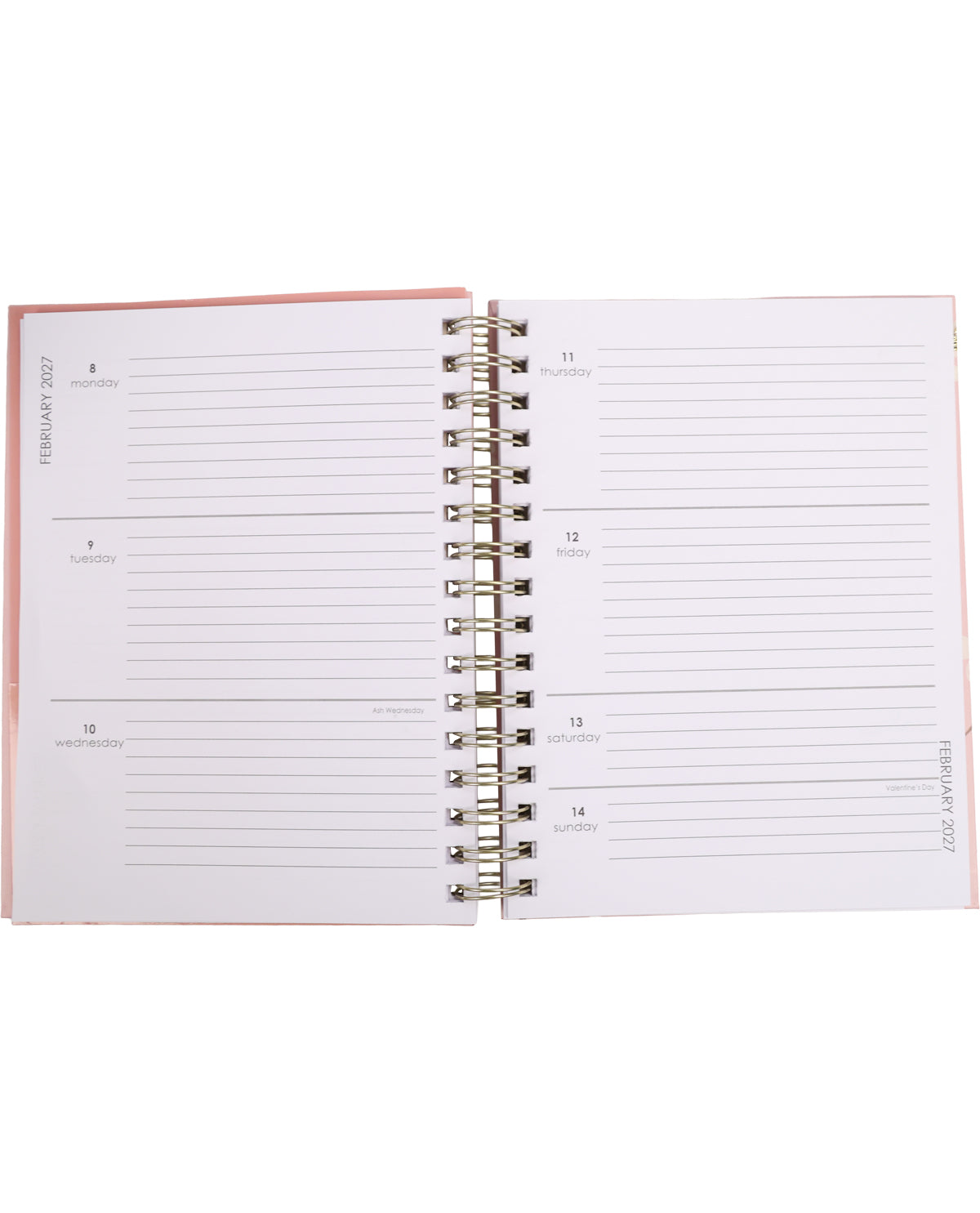 Open planner with a pink cover on a white background