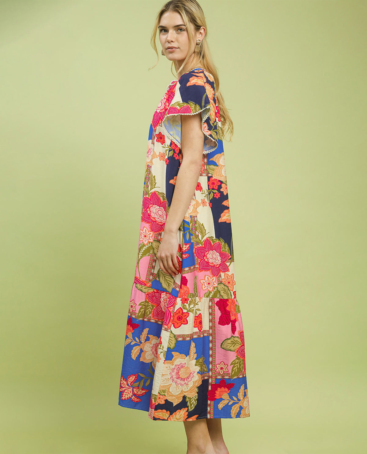 Umgee Patchwork Print Dress Blue Mix