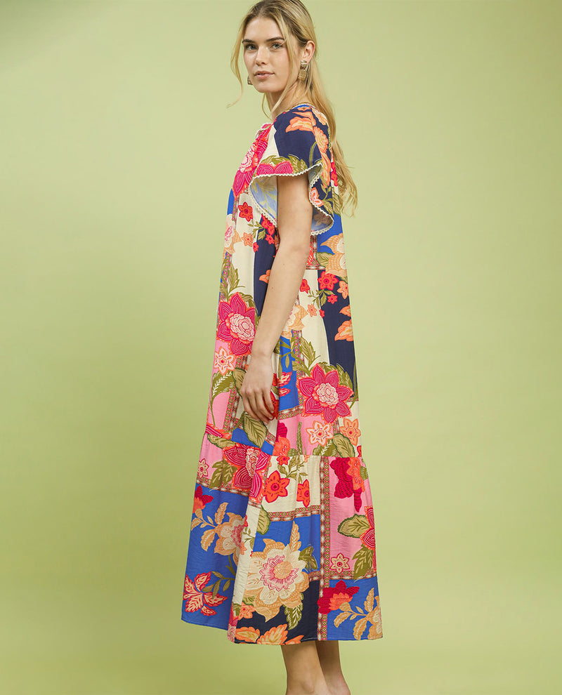 Umgee Patchwork Print Dress Blue Mix