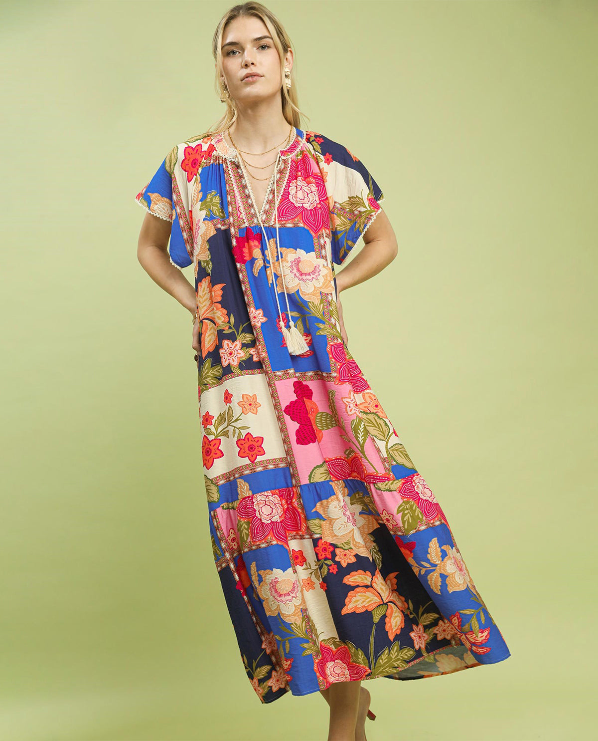 Umgee Patchwork Print Dress Blue Mix