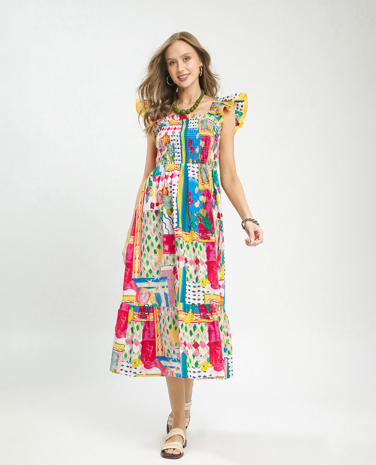 Umgee Abstract Print Smocked Dress Multi