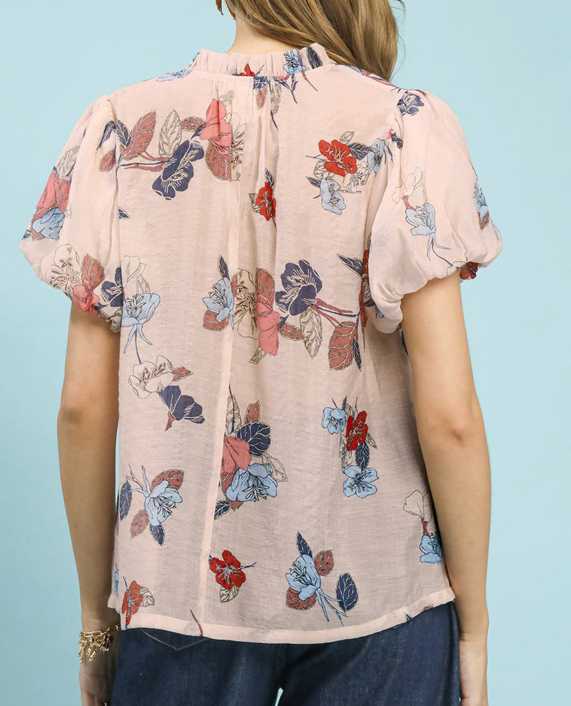 Umgee Floral Print Lace Trim Top Pink