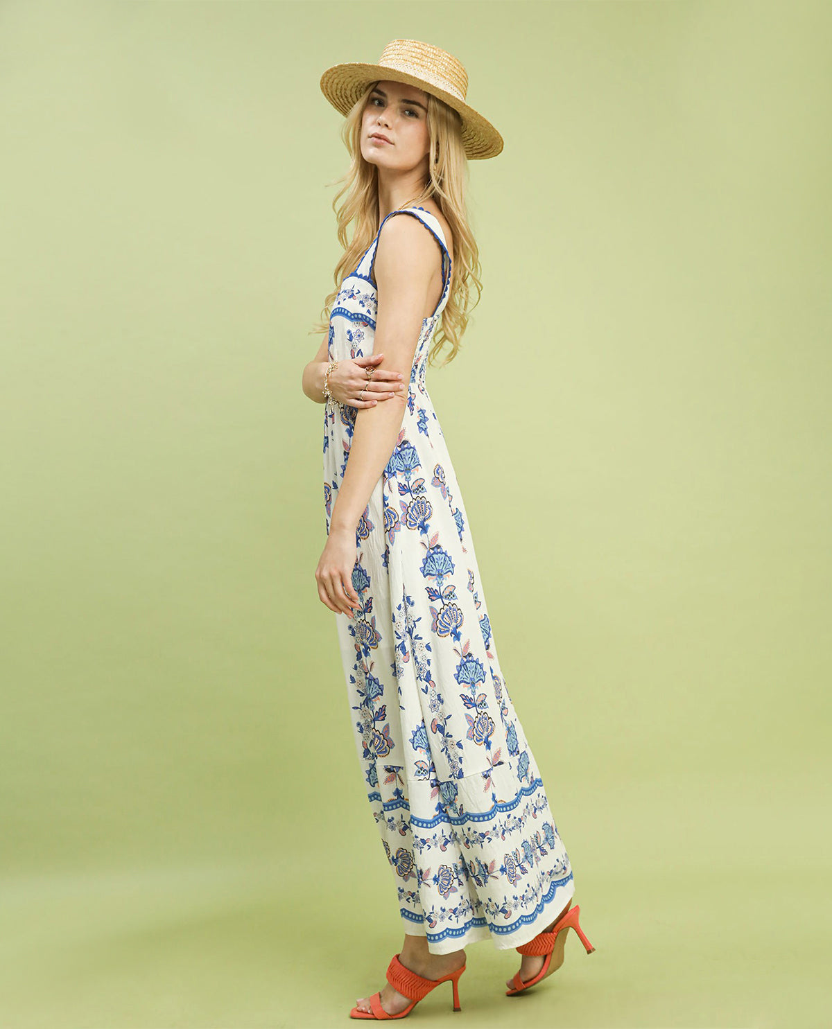 Umgee Floral Print Tiered Dress Blue