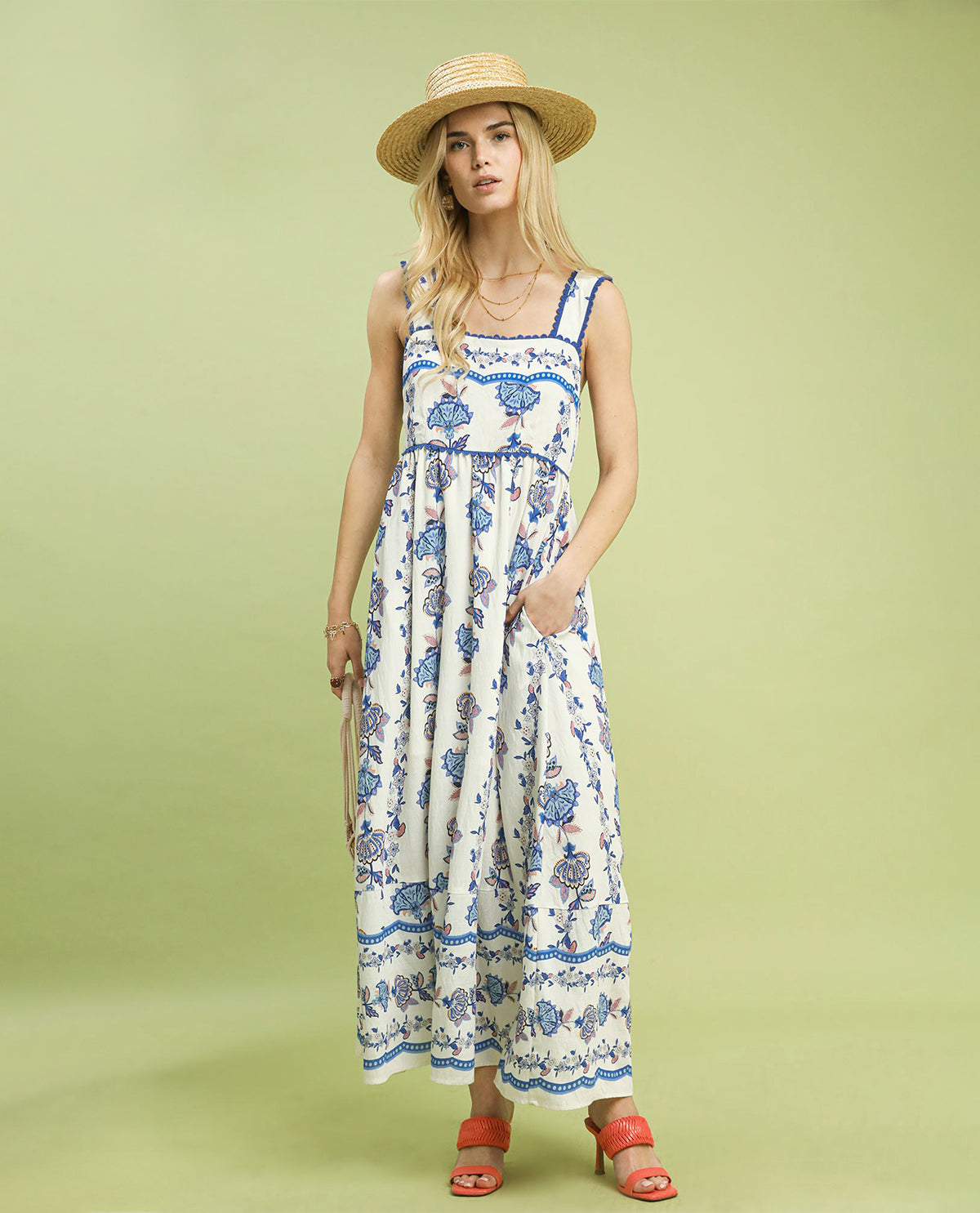 Umgee Floral Print Tiered Dress Blue