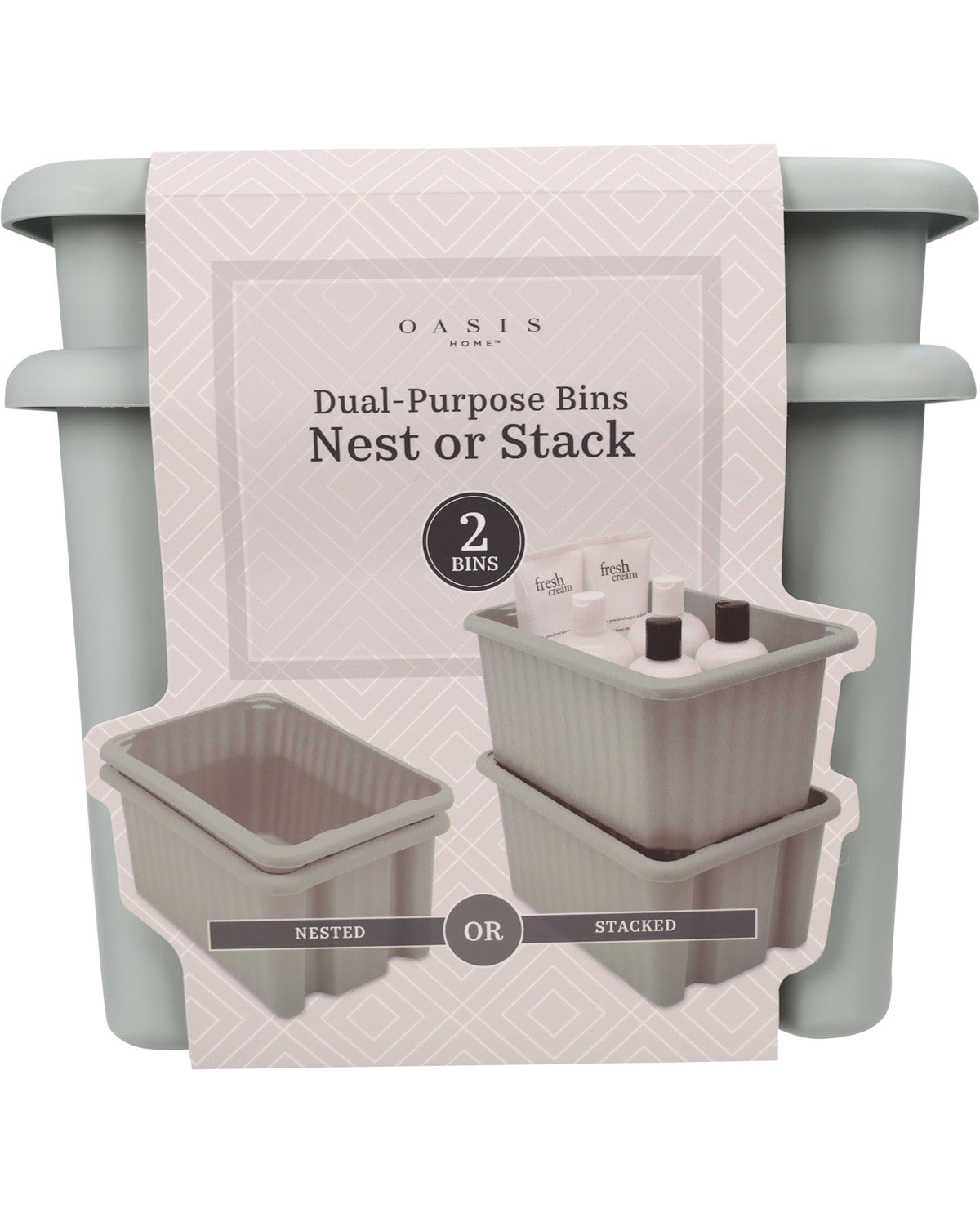 Oasis Home dual-purpose bins shown with their retail packaging, featuring a light gray plastic bin that can be either nested or stacked.