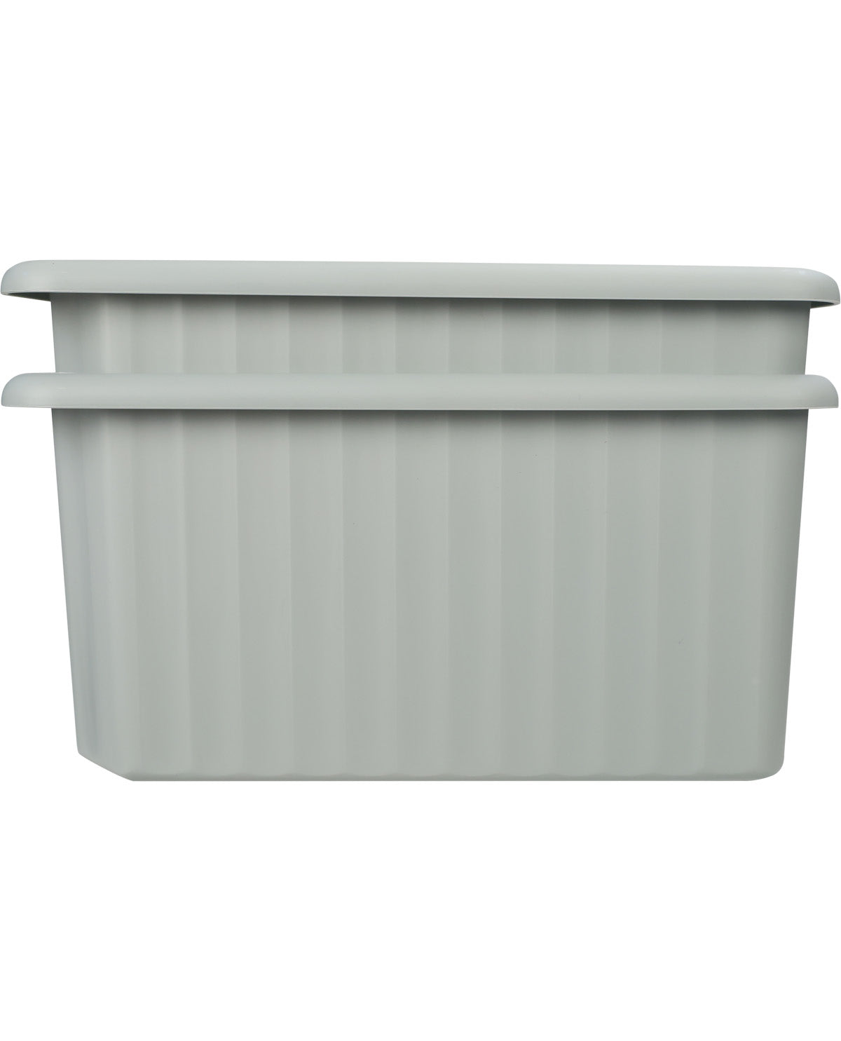 Two light gray plastic storage bins with a ribbed design, stacked together on a plain white background.