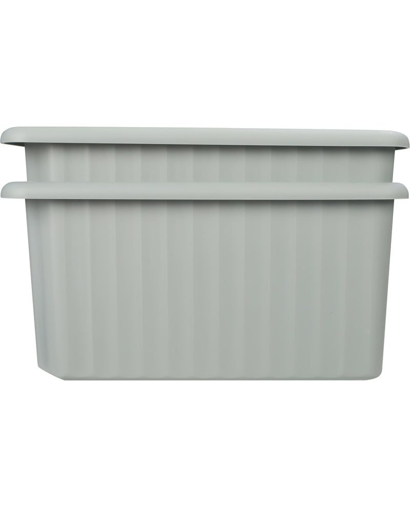Two light gray plastic storage bins with a ribbed design, stacked together on a plain white background.