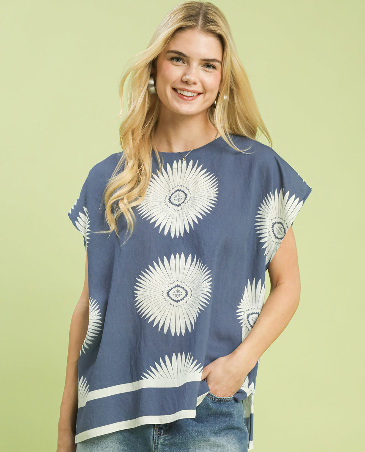 Umgee Abstract Print Top Denim Blue