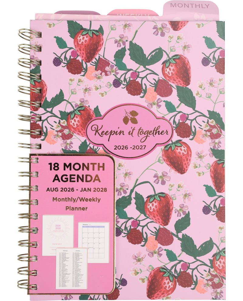Pink planner with strawberry design and 'Keepin' it together' text on a pink background