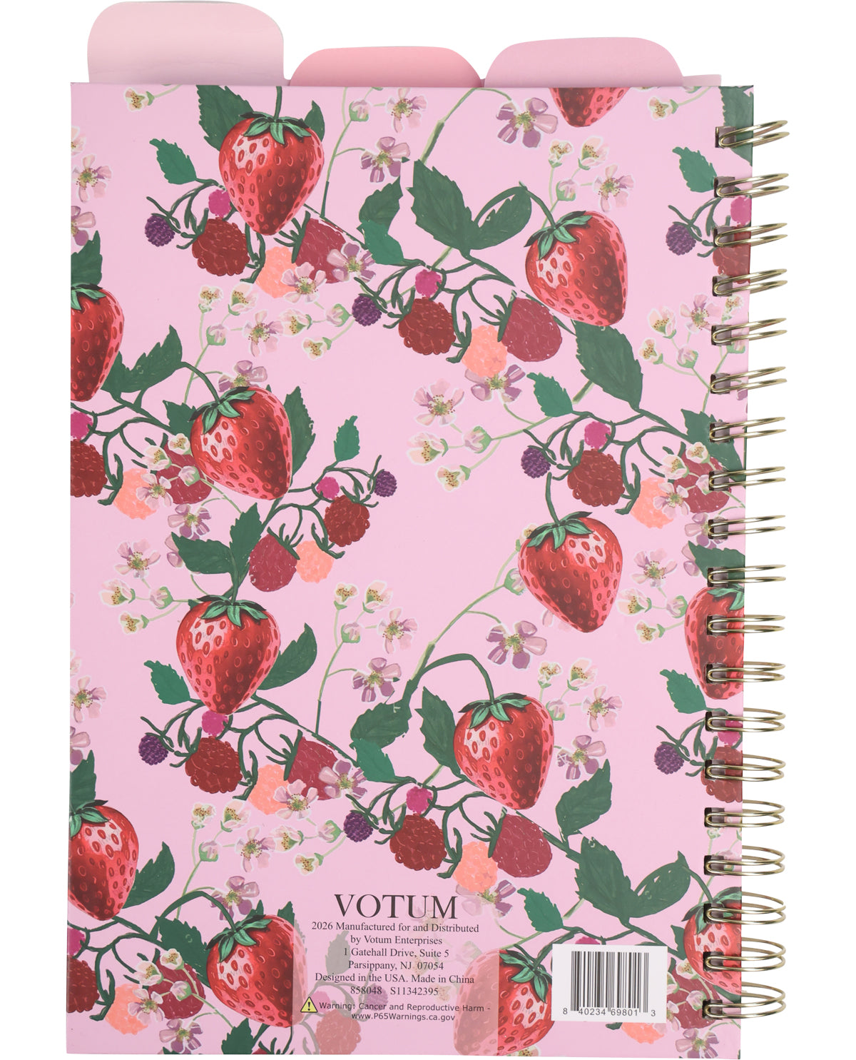 Notebook with strawberry pattern on a pink background