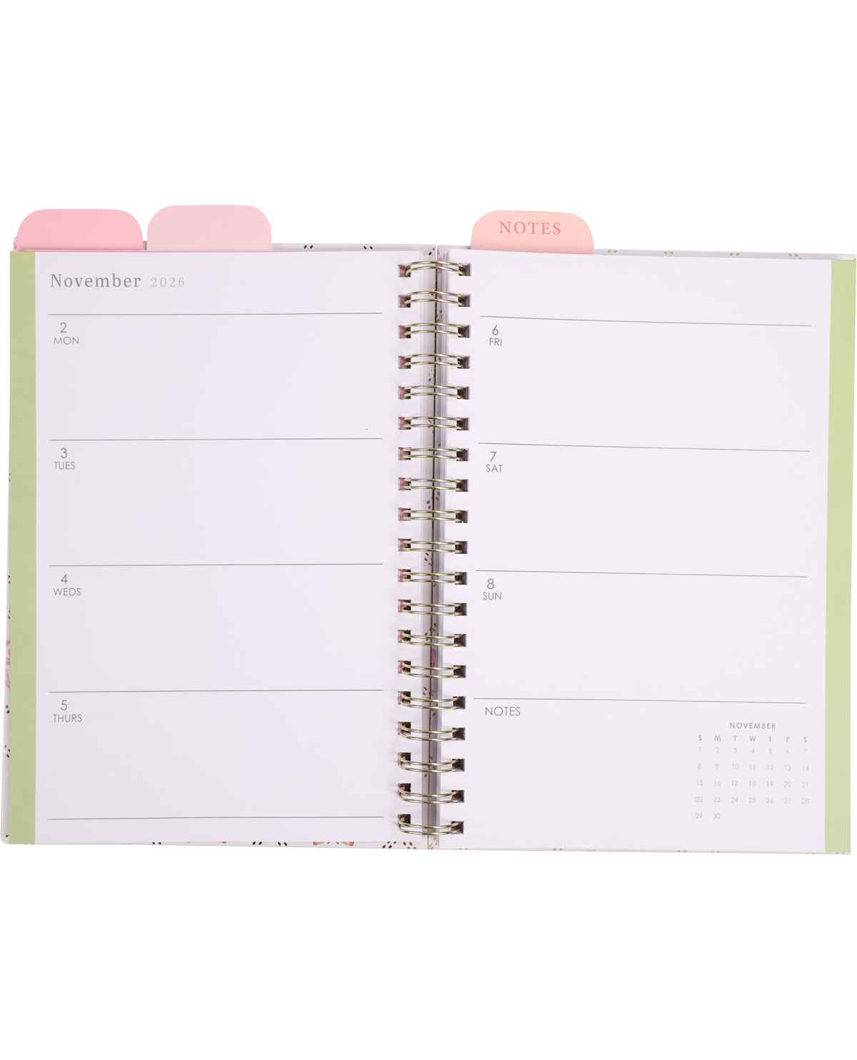 Open planner showing a monthly layout with pink tabs on a white background