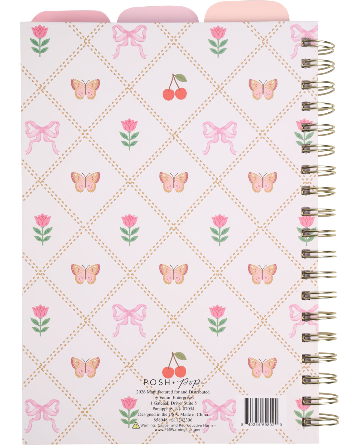 Notebook with decorative cover featuring flowers, butterflies, and cherries on a white background.