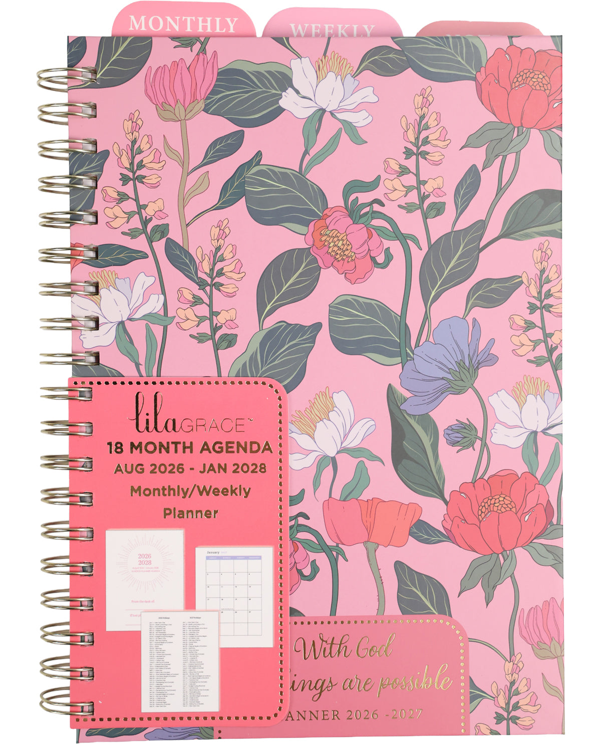 Floral-patterned planner with pink cover and visible text