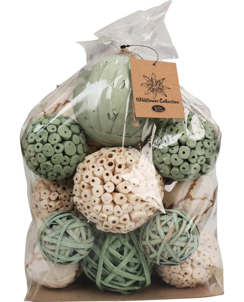 Bag of decorative balls with a visible brand tag on a white background
