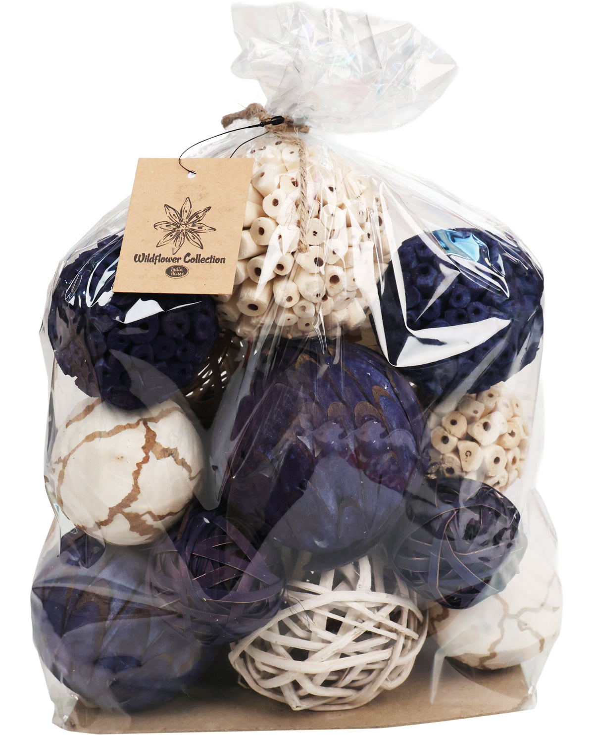 Bag of decorative balls with a visible brand tag on a white background