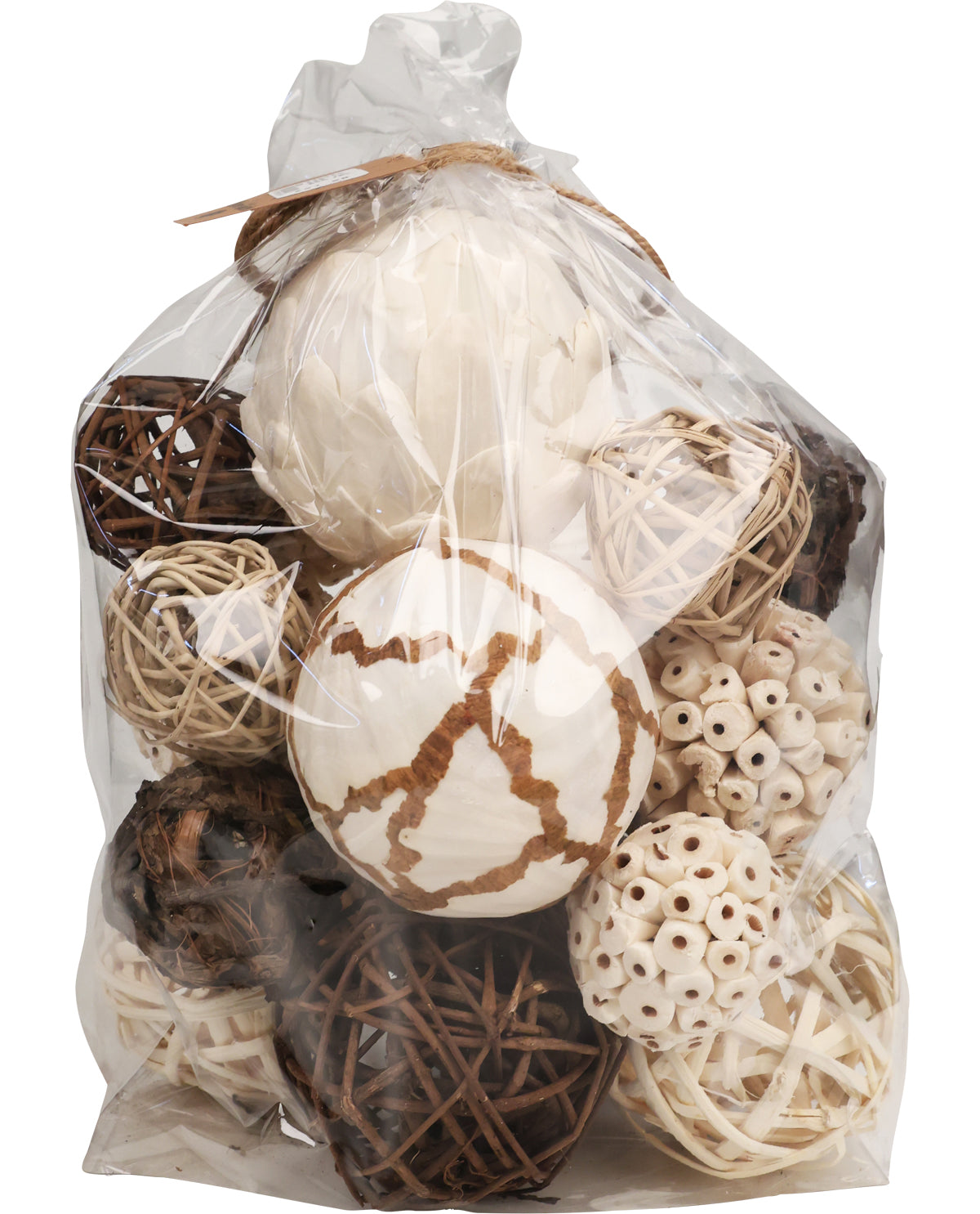 Bag of decorative balls with natural textures on a white background