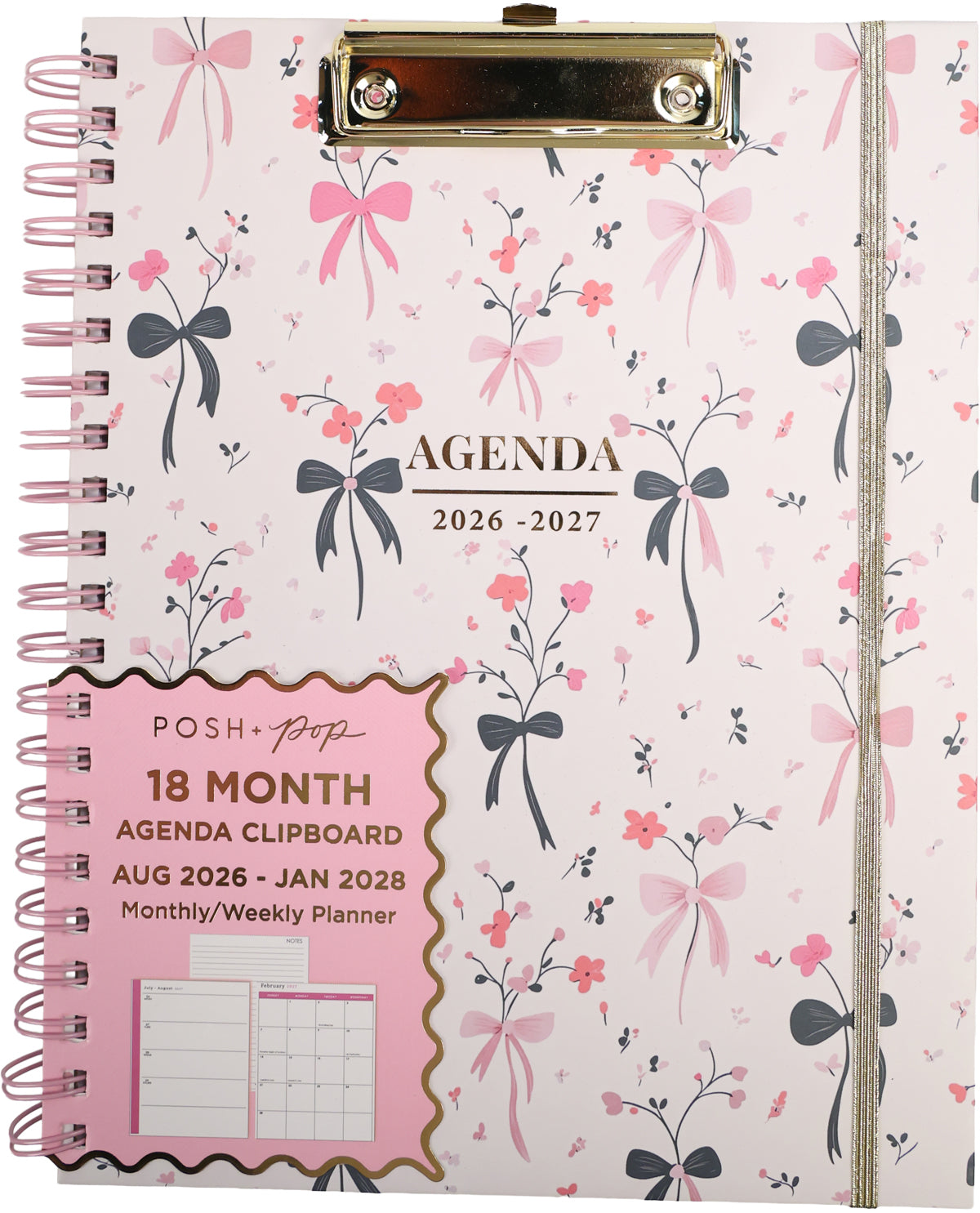 Agenda clipboard with floral and bow design on a white background