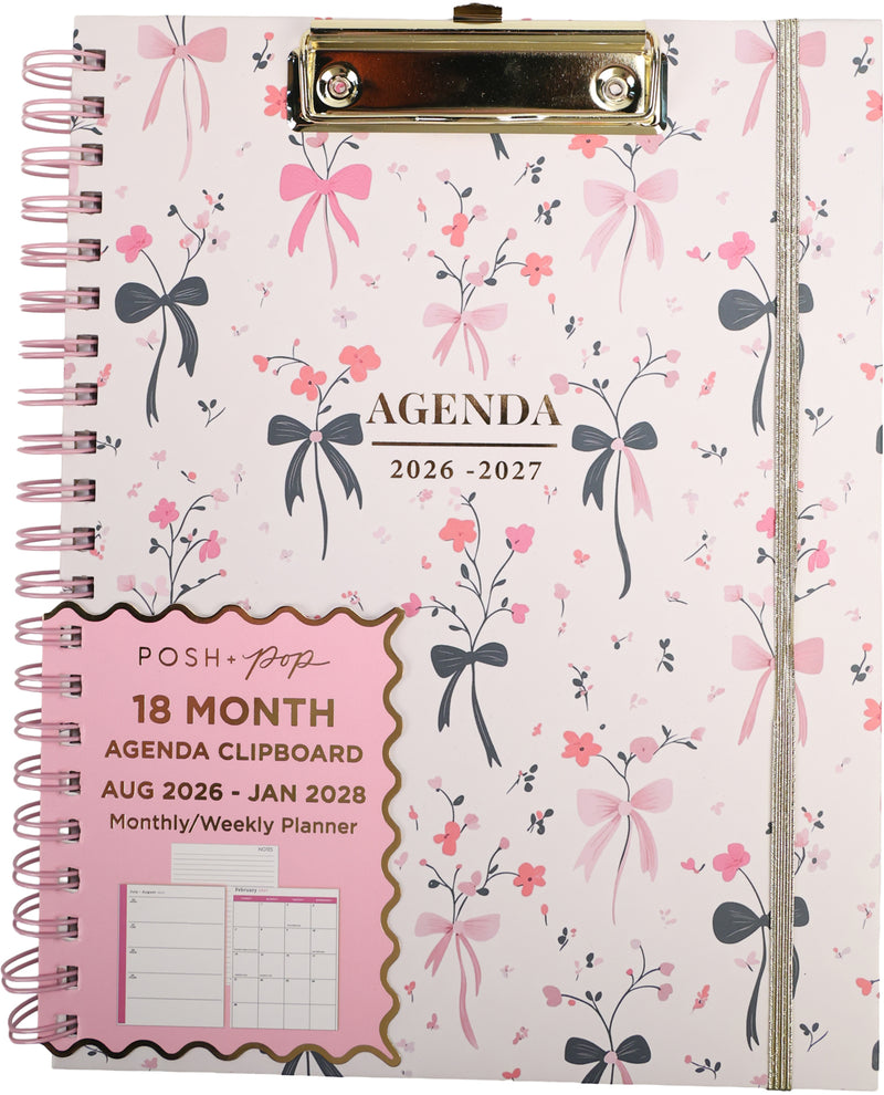 Agenda clipboard with floral and bow design on a white background