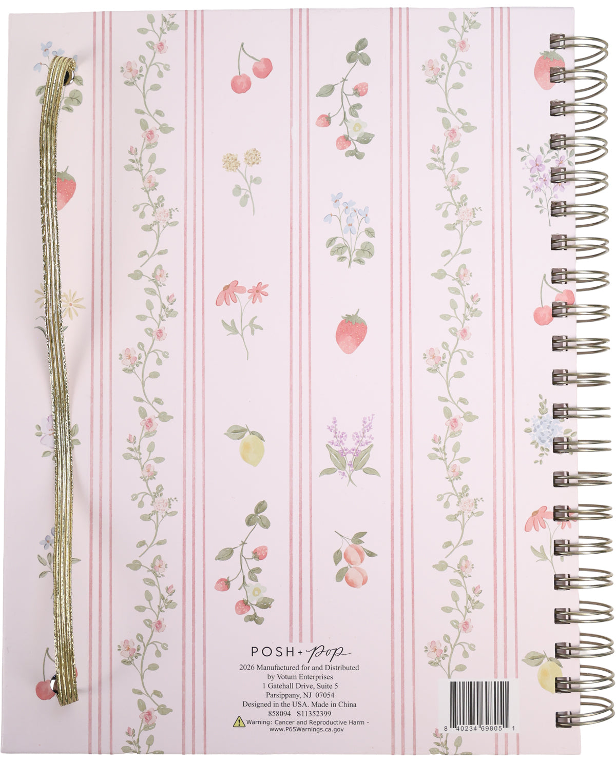 Notebook with floral and fruit design on a pink background