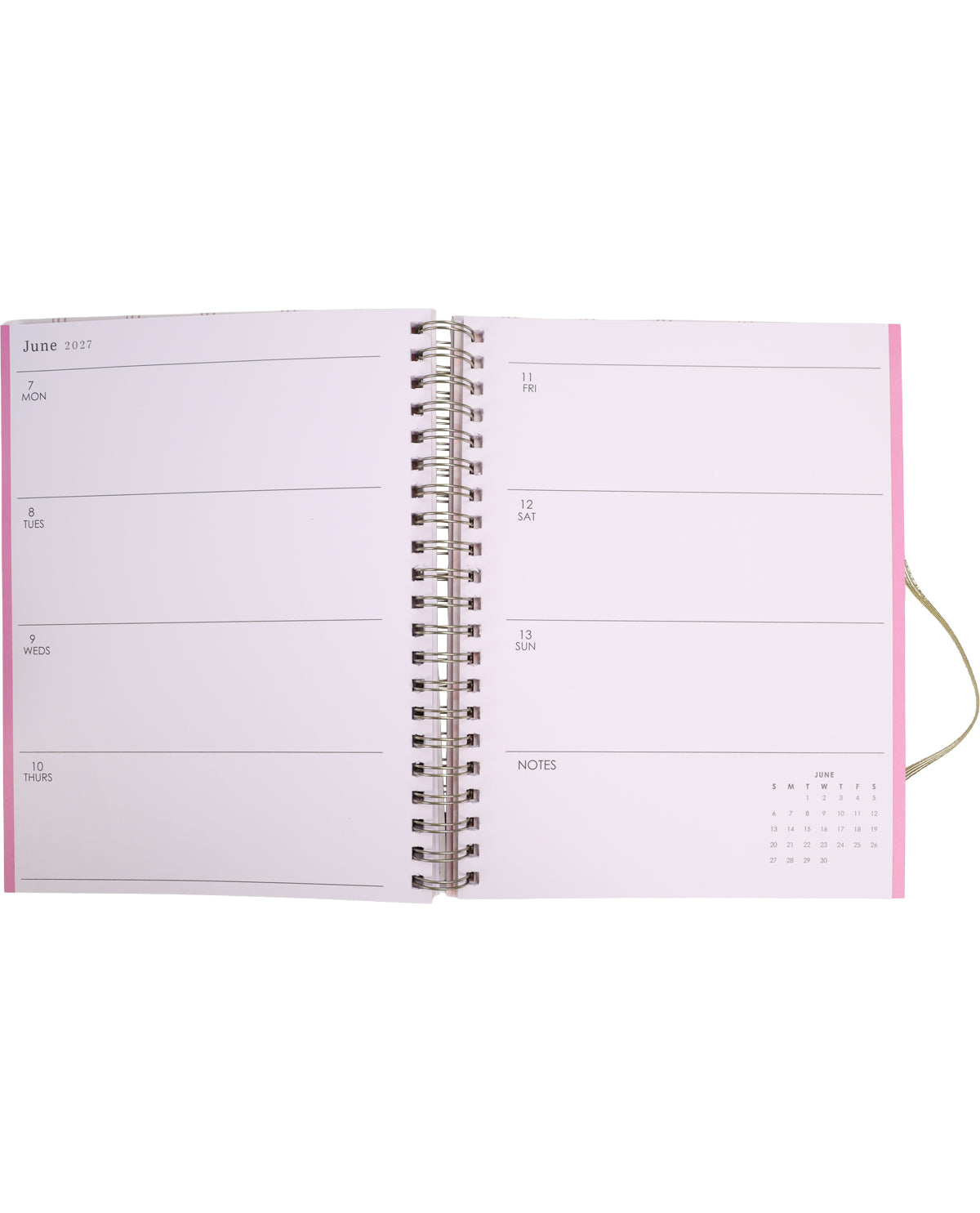 Spiral-bound planner with a pink cover on a white background