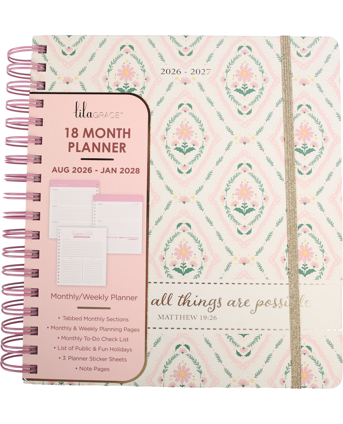 Planner with floral design and pink cover on a white background