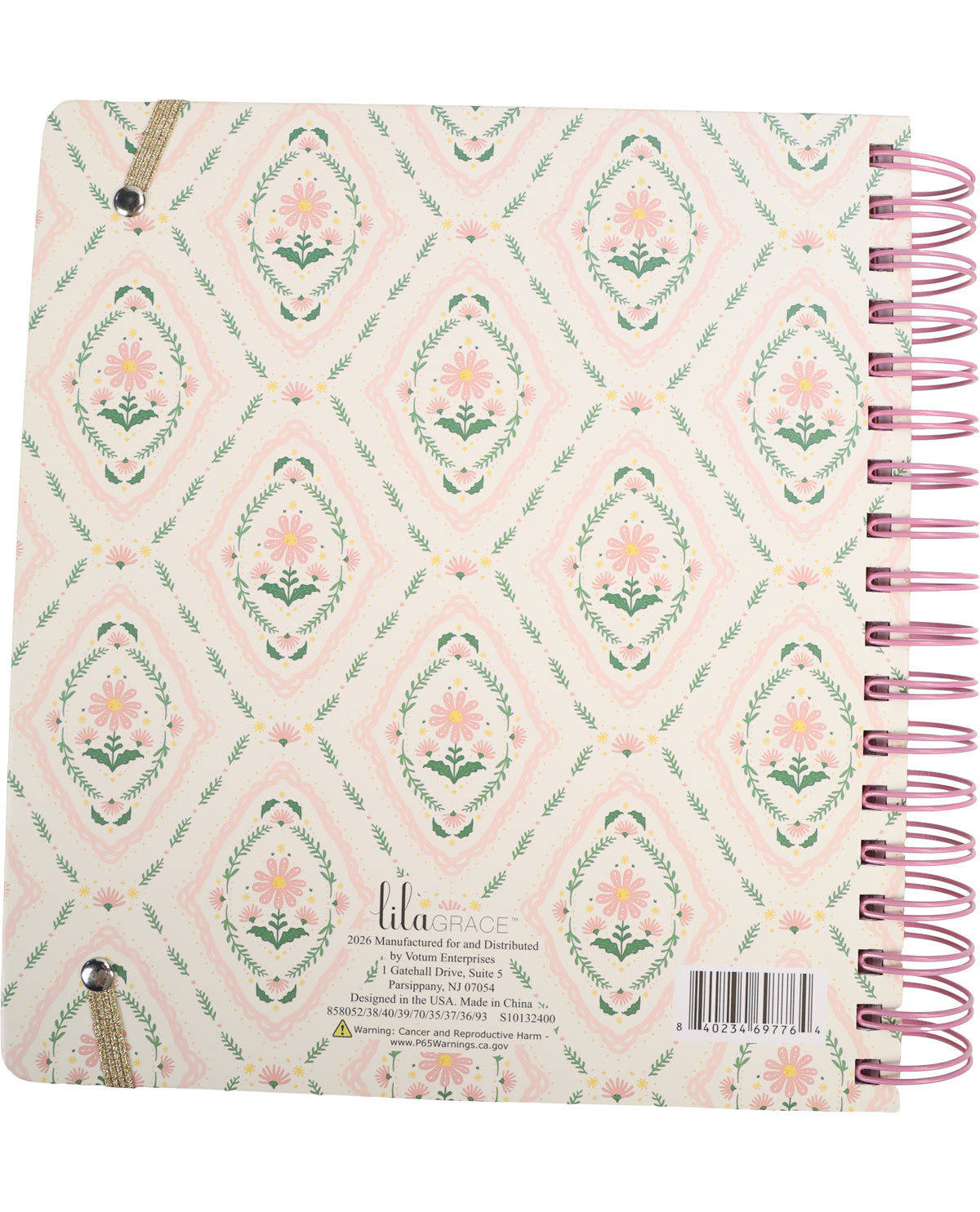 Notebook with floral pattern and pink spines on a white background