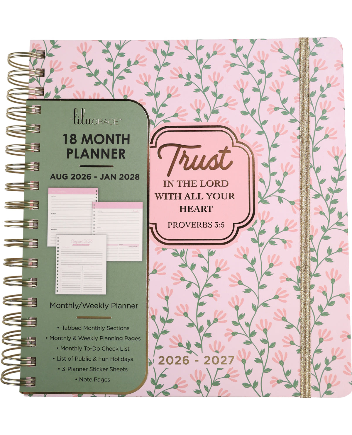 Planner with floral design and green section labeled '18 Month Planner' on a white background
