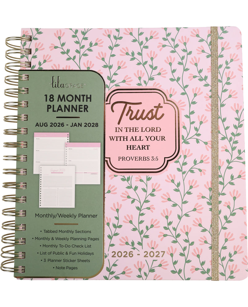 Planner with floral design and green section labeled '18 Month Planner' on a white background