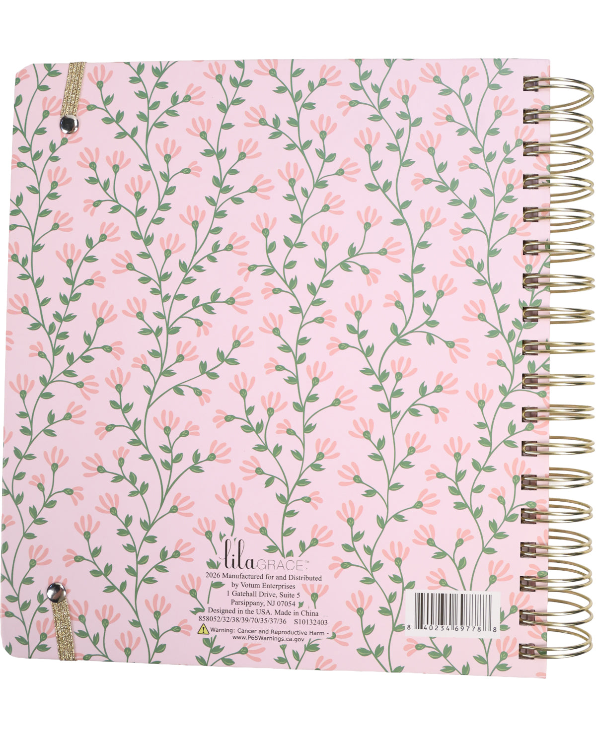 Notebook with floral pattern and 'Lila Grace' branding on a pink background